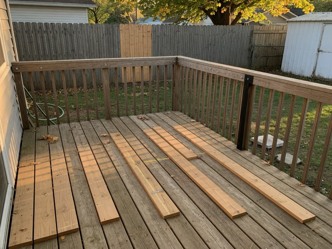 Backyard wood deck with fence beyond