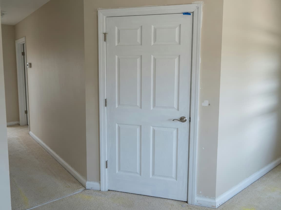 Newly installed six-panel interior wood door with clean trim