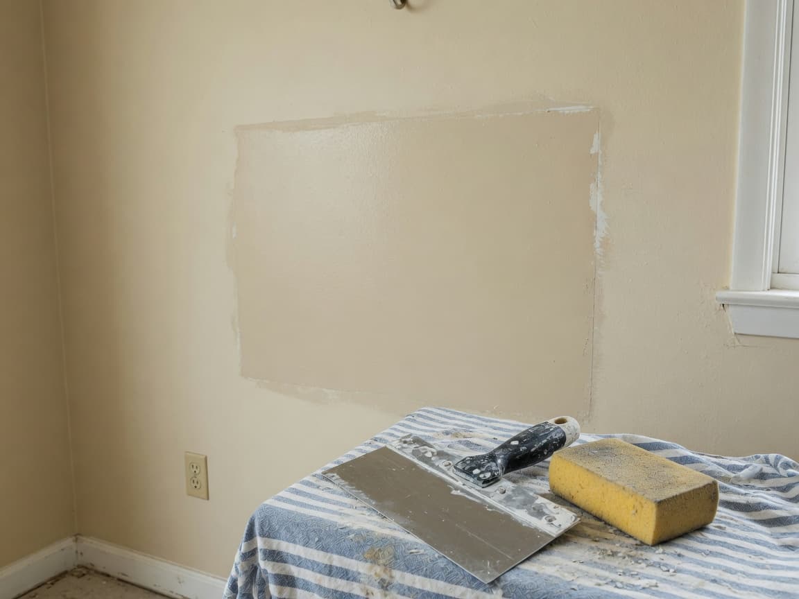 Completed interior drywall patch with taping knife nearby