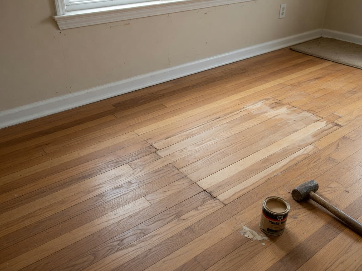 Repaired oak hardwood flooring in a living room