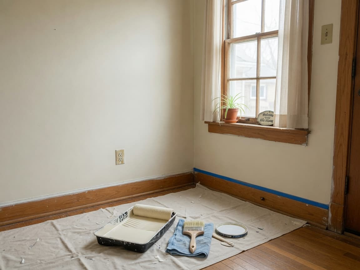 Freshly painted living room with wood trim in a modest home