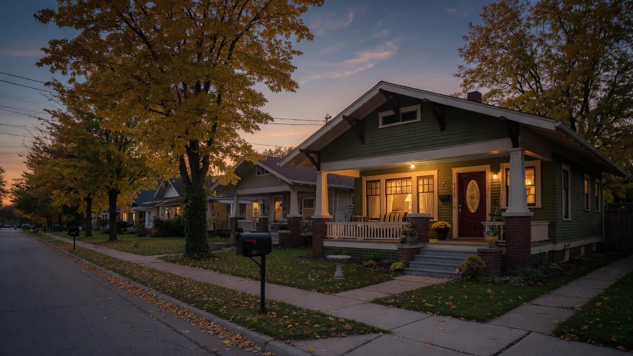 A well-kept craftsman bungalow on a quiet Midwestern street